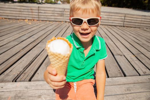 Cute friendly little boy in stylish sunglasses smiling and offering yummy ice cream cone at camera while resting in summer park