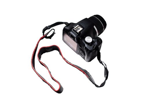 One black camera isolated on white background