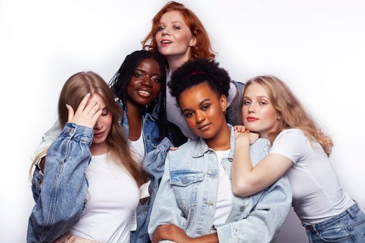 diverse multi nation girls group, teenage friends company cheerful having fun, happy smiling, cute posing isolated on white background, lifestyle people concept, african-american and caucasian close up