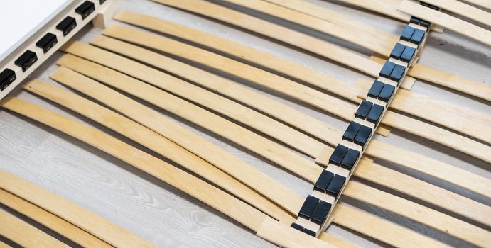 wooden lamella beds close up