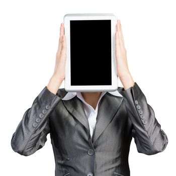 Portrait of woman covering her face with tablet computer. Businesswoman showing tablet PC with blank screen. Corporate businessperson isolated on white background. Digital technology layout.