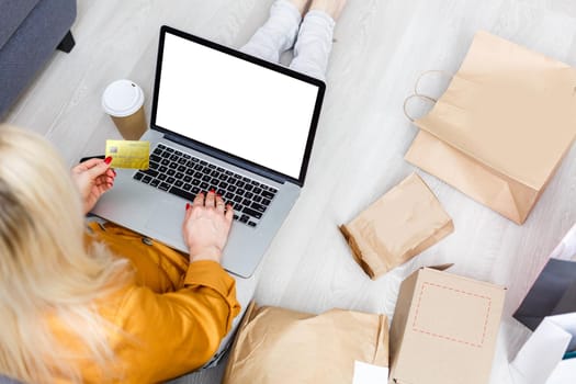 woman shopping online. Empty laptop screen template