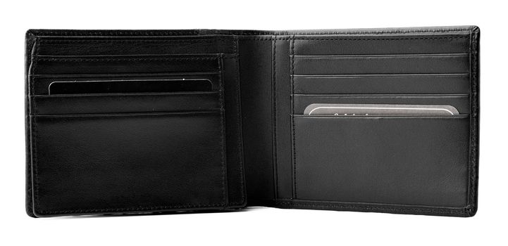 Black leather men purse isolated on a white background. Close up.