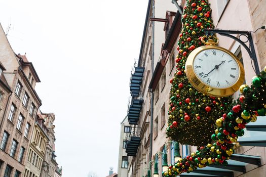 christmas decoration tree in the shop, winter street market in Europe