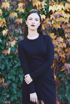 Beautiful young woman, model of fashion, wearing black dress in urban background with autumn colors. Very straight hair styling