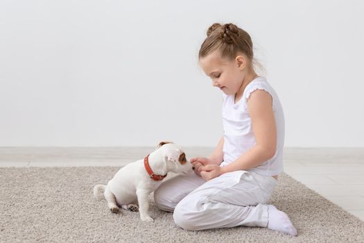 Animals, children and pets concept - little child girl sitting on the floor with cute puppy and playing.