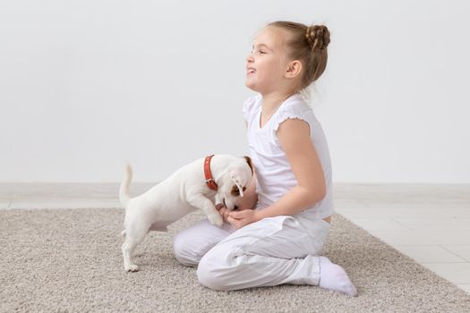 Pets and animal concept - Child girl hold puppy.