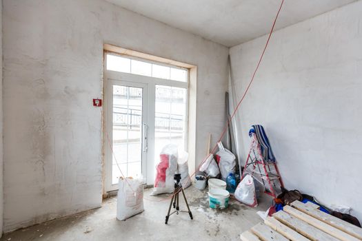 Material for repairs in an apartment is under construction, remodeling, rebuilding and renovation. Making walls from gypsum plasterboard or drywall.