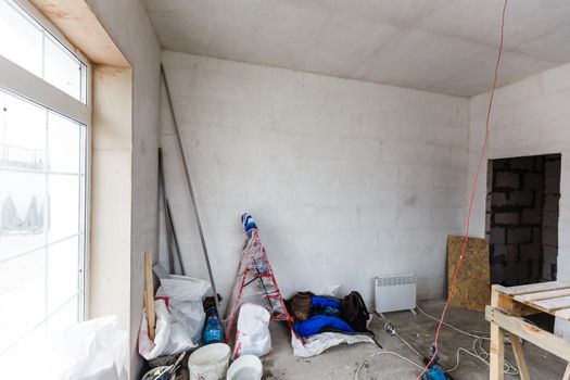 Material for repairs in an apartment is under construction, remodeling, rebuilding and renovation. Making walls from gypsum plasterboard or drywall.