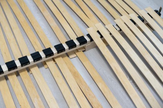wooden lamella beds close up