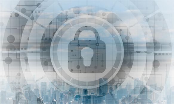 Computer security concept and information technology. Risk management and professional safeguarding. Virtual padlock hologram on background of city skyline. Innovative security solution for business.
