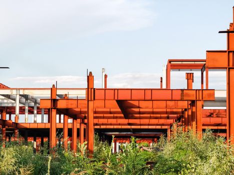 Design of reinforcement cage of reinforcement for concrete frame house, brick house, formwork for concrete pouring, construction site, working crane, construction of houses