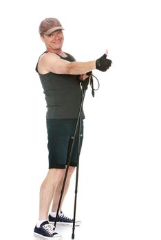 The concept of sports lifestyle and maintenance of health in adulthood. Fifty-year-old man, engaged in Nordic walking with special poles. Isolated on white background