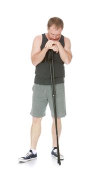 The concept of sports lifestyle and maintenance of health in adulthood. Fifty-year-old man, engaged in Nordic walking with special poles. Isolated on white background