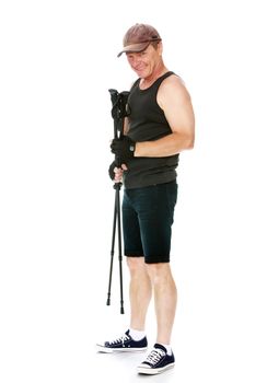 The concept of sports lifestyle and maintenance of health in adulthood. Fifty-year-old man, engaged in Nordic walking with special poles. Isolated on white background