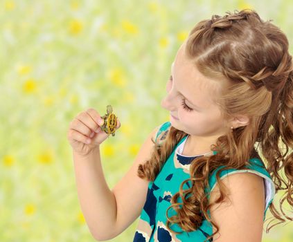 Caucasian little girl holding in hands a small turtle. Close-up.Summer white green blurred background.