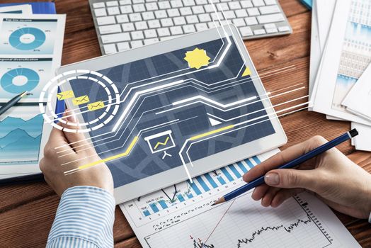 close-up, the business lady with the tablet. Concept of Finance and Technology