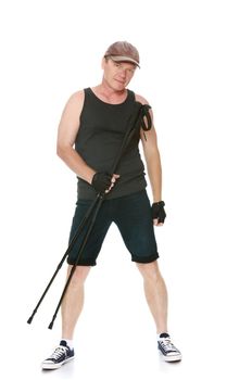 The concept of sports lifestyle and maintenance of health in adulthood. Fifty-year-old man, engaged in Nordic walking with special poles. Isolated on white background