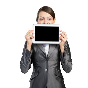Businesswoman holding tablet computer with blank screen. Happy woman in business suit show tablet PC near her face. Corporate businessperson isolated on white background. Digital technology layout