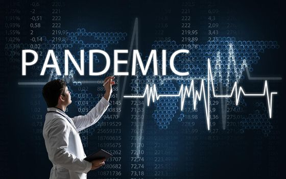 The doctor touches the computer interface with information about the disease. Digital Health Concept