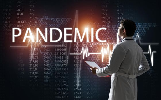 The doctor look the computer interface with information about the disease. Digital Health Concept