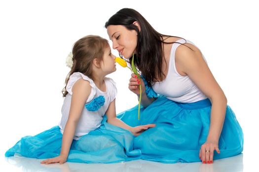 Beautiful young mother and little daughter in the same blue long skirts tutus , standing sideways to the camera ,admiring the bouquet of yellow tulips.Little girl enjoying the smell of flowers.Isolated on white background.