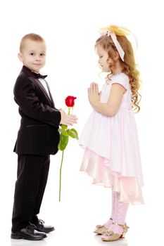 Little boy in black suit with bow tie gives a big red rose charming little girl.Isolated on white background.