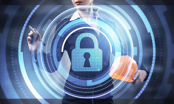 Computer security and information technology. Virtual padlock blue hologram and business woman with safety helmet. Risk management and professional safeguarding. Password protection and authorization