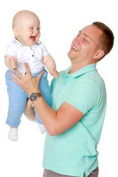 Dad holds the baby in his arms. The concept of educating the father of young children, Happy childhood, a friendly family. Isolated on white background.