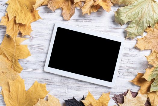 Tablet computer with blank screen lies on vintage wooden desk with bright foliage. Flat lay composition with autumn leaves on white wooden surface. Internet communication and digital technology