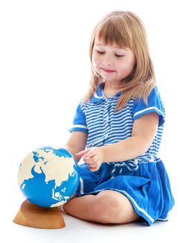 Girl with globe on white background.Happy childhood, adolescence, the development of the family concept.