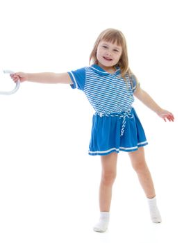 Cheerful girl with the blue dress on white backgroundHappy childhood, adolescence, the development of the family concept.