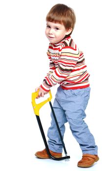 Little boy holding a saw.Isolated on white background portrait.