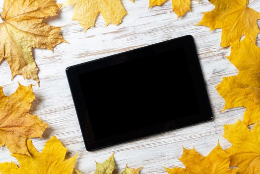 Tablet computer with blank screen lies on vintage wooden desk with bright foliage. Flat lay composition with autumn leaves on white wooden surface. Internet communication and digital technology