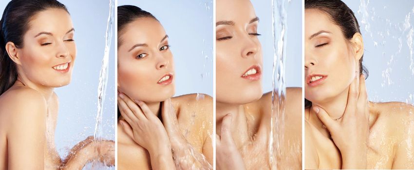 Set of young woman enjoy shower on blue background