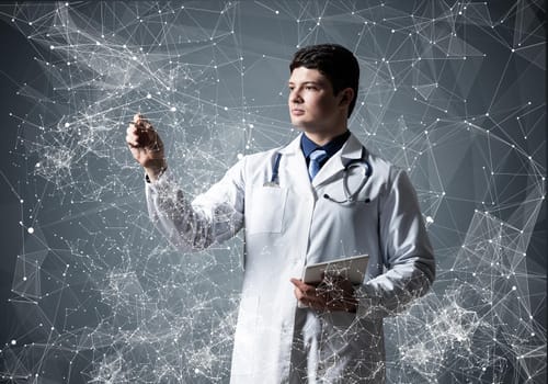 The doctor works with the virtual screen. Digital Medicine Concept