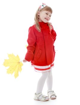 Happy childhood, fashion, autumnal mood concept. Isolated on white background