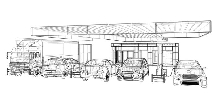 Electric Car Charging Station with Cars and Truck. 3d illustration