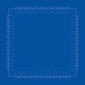 3D microchip. 3d illustration. Wire-frame or blueprint style