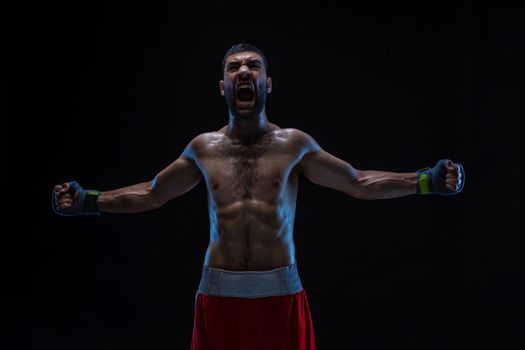 Oriental boxer celebrating his victory with raised arms in black gloves on black background. Professional fighter won in boxing match.
