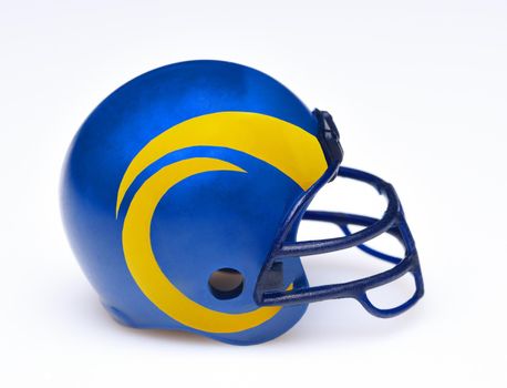 IRVINE, CALIFORNIA - 23 AUG 2020: Mini Collectable Football Helmet for the Los Angeles Rams of the National Football Conference West.