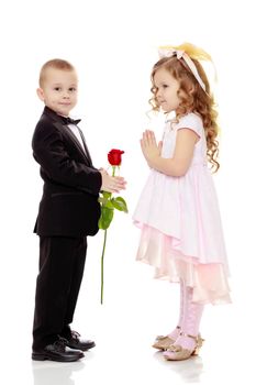 Little boy in black suit with bow tie gives a big red rose charming little girl.Isolated on white background.