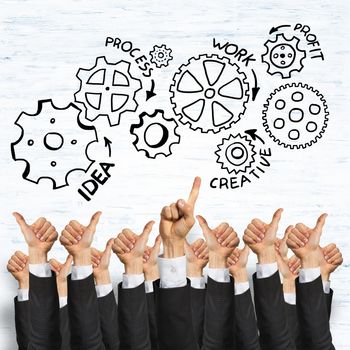 Group of hands of businesspeople showing gestures on wooden background