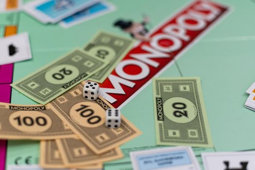 Kiev, Ukraine - December 6, 2020: playing board for game monopoly