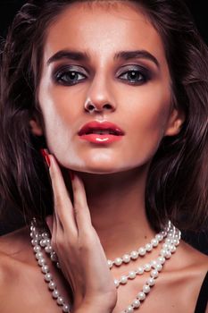 beauty young sencual woman with jewellery closeup, luxury portrait of rich real girl, party makeup