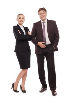 bright picture of man and woman in formal clothes. Isolated over white background.