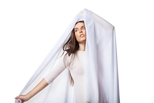 Romantic beautiful woman wearing white dress isolated