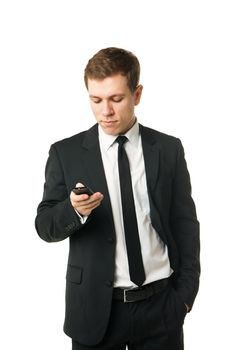 Close up of a laughing businessman on the phone isolated on white background