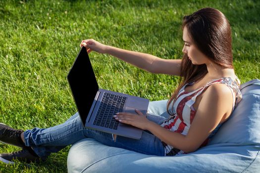 Young cute girl with laptop, sit on bean bag in garden or park, on green grass. Success small business, modern lifestyle, information technology, or online shopping concept