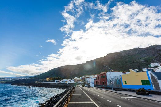 Aerial view of Garachico village on the coast of Atlantic ocean in Tenerife island of Spain